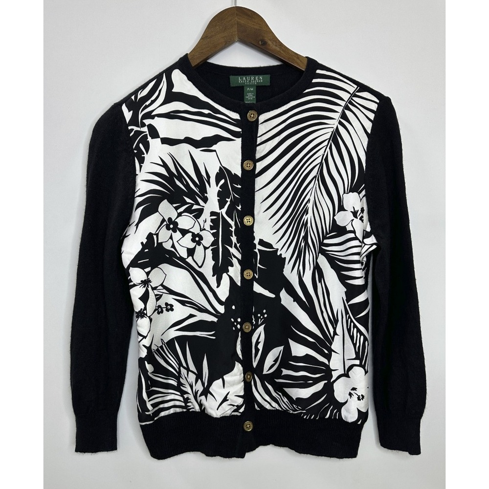 Lauren Ralph Lauren Silk Cashmere Tropical Floral Cardigan Black White Petite M - Picture 2 of 14